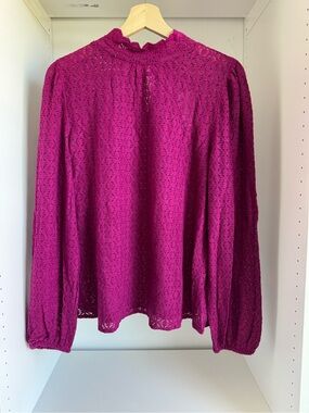 LOFT Magenta Lace Long-Sleeve Mock Neck Blouse